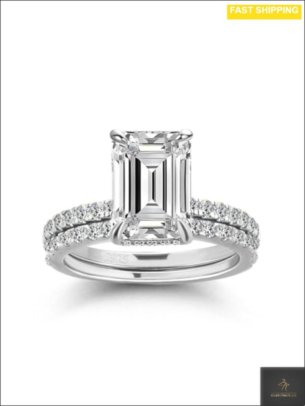 925 Sterling Silver 18K White Gold Plated 3CT Emerald Cut Bridal Ring Set